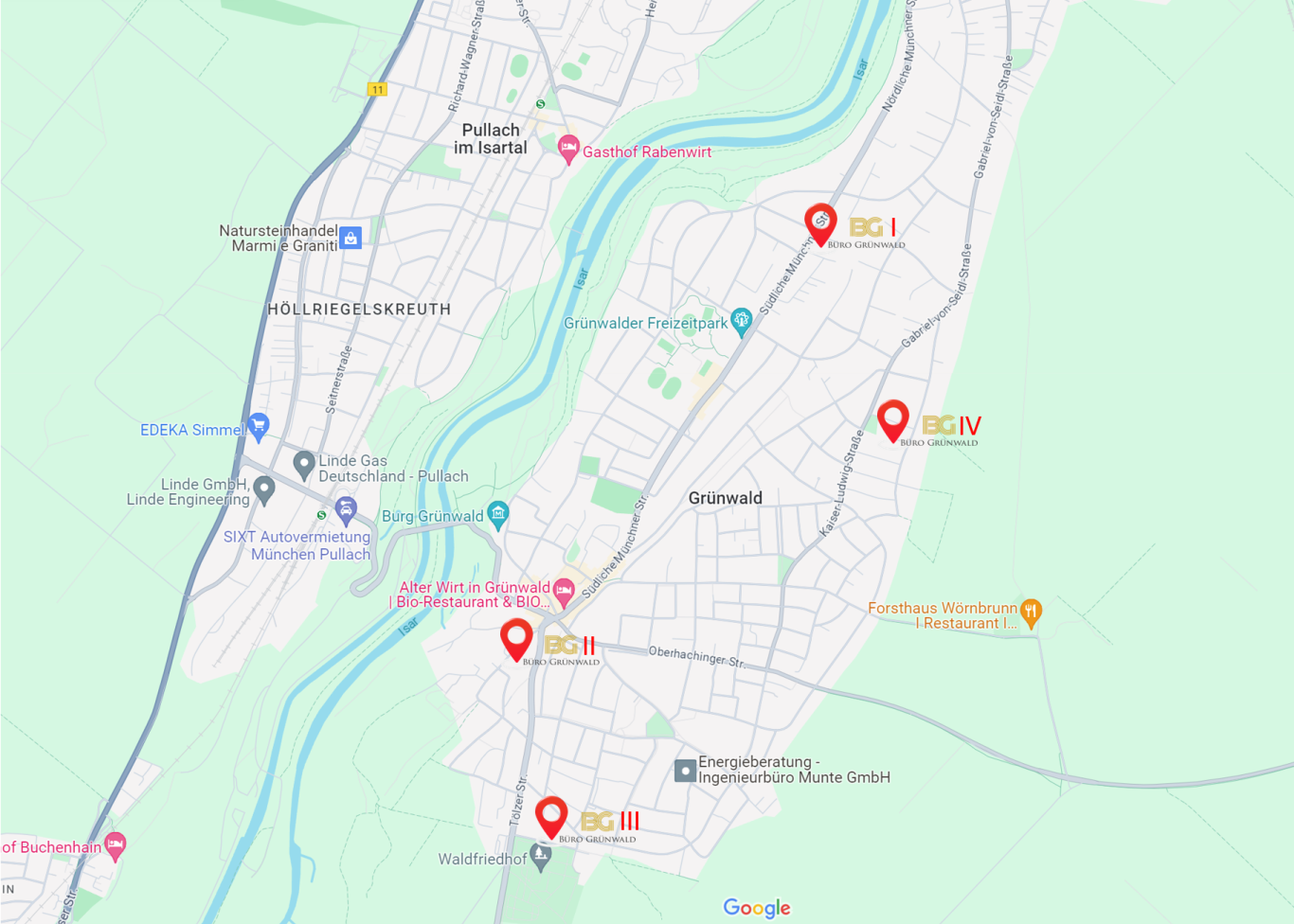 Karte mit Straßen, Flüssen und markierten Punkten in einer Stadtlandschaft.