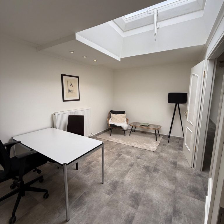 Moderne Büroumgebung mit Laptop, Schreibgerät und Tischlampe. Pflanze im Hintergrund.