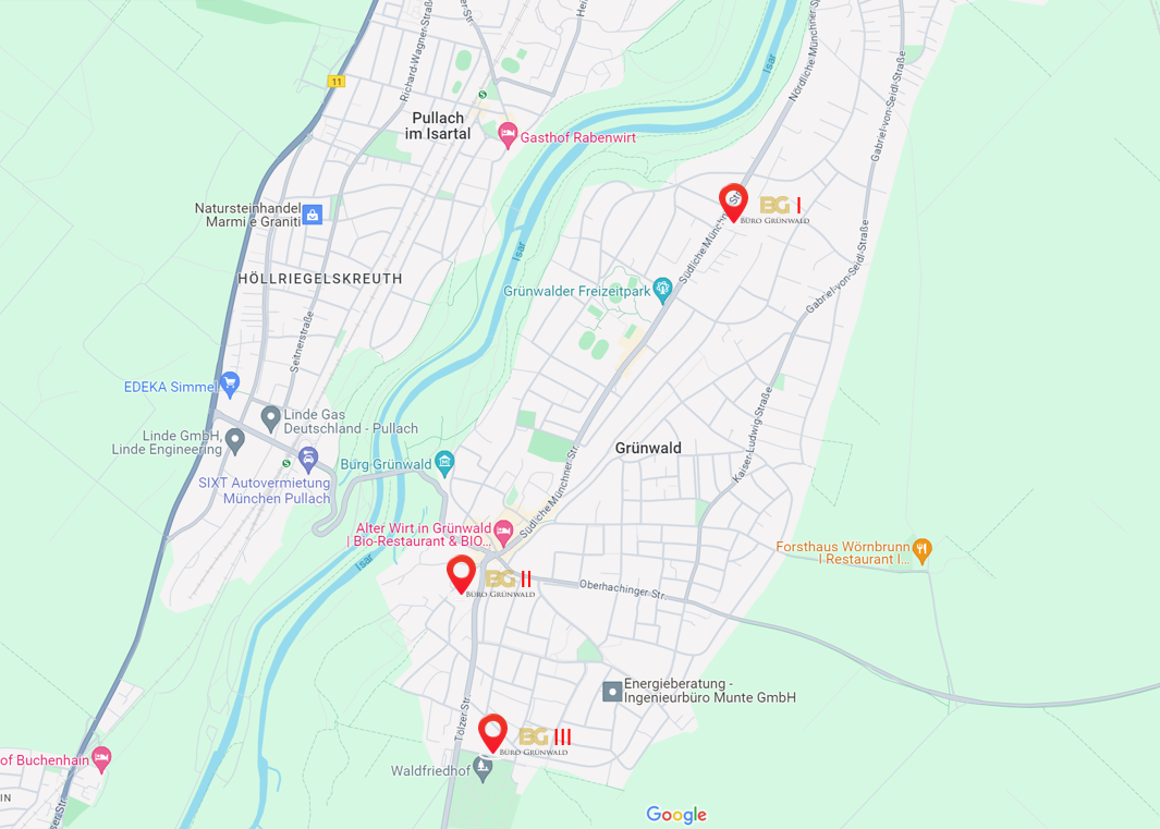 Karte mit Straßen, Flüssen und markierten Punkten in einer Stadtlandschaft.