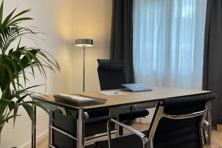 Modernes Büro mit Schreibtisch, Stuhl, Pflanze und Fenster.